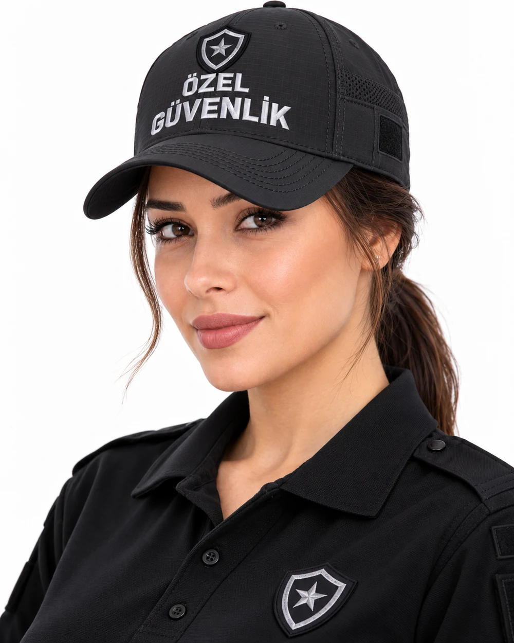 BUJE Özel Güvenlik Kadın Cap / Siyah File Yan Panelli; toptan üretim referans görseli