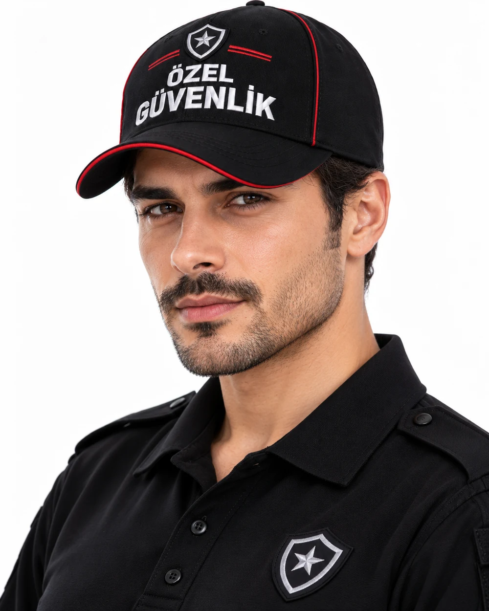BUJE Özel Güvenlik Erkek Cap / Siyah Kırmızı Biyeli; toptan üretim referans görseli