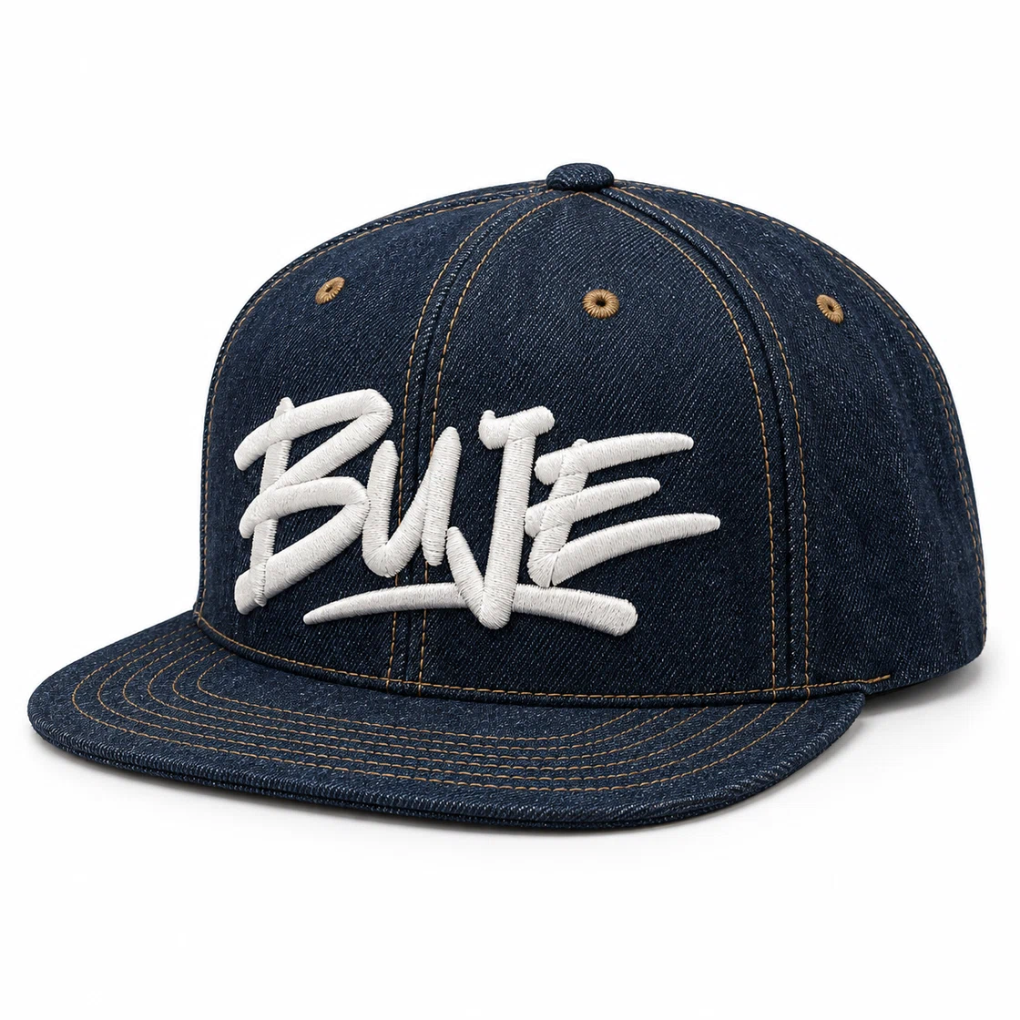 BUJE İndigo Denim Snapback Şapkası; toptan üretim referans görseli