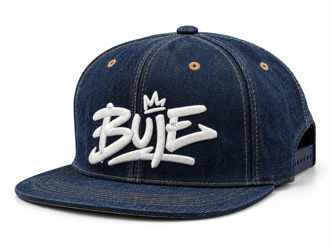 BUJE İndigo Denim Snapback Şapka; toptan üretim referans görseli