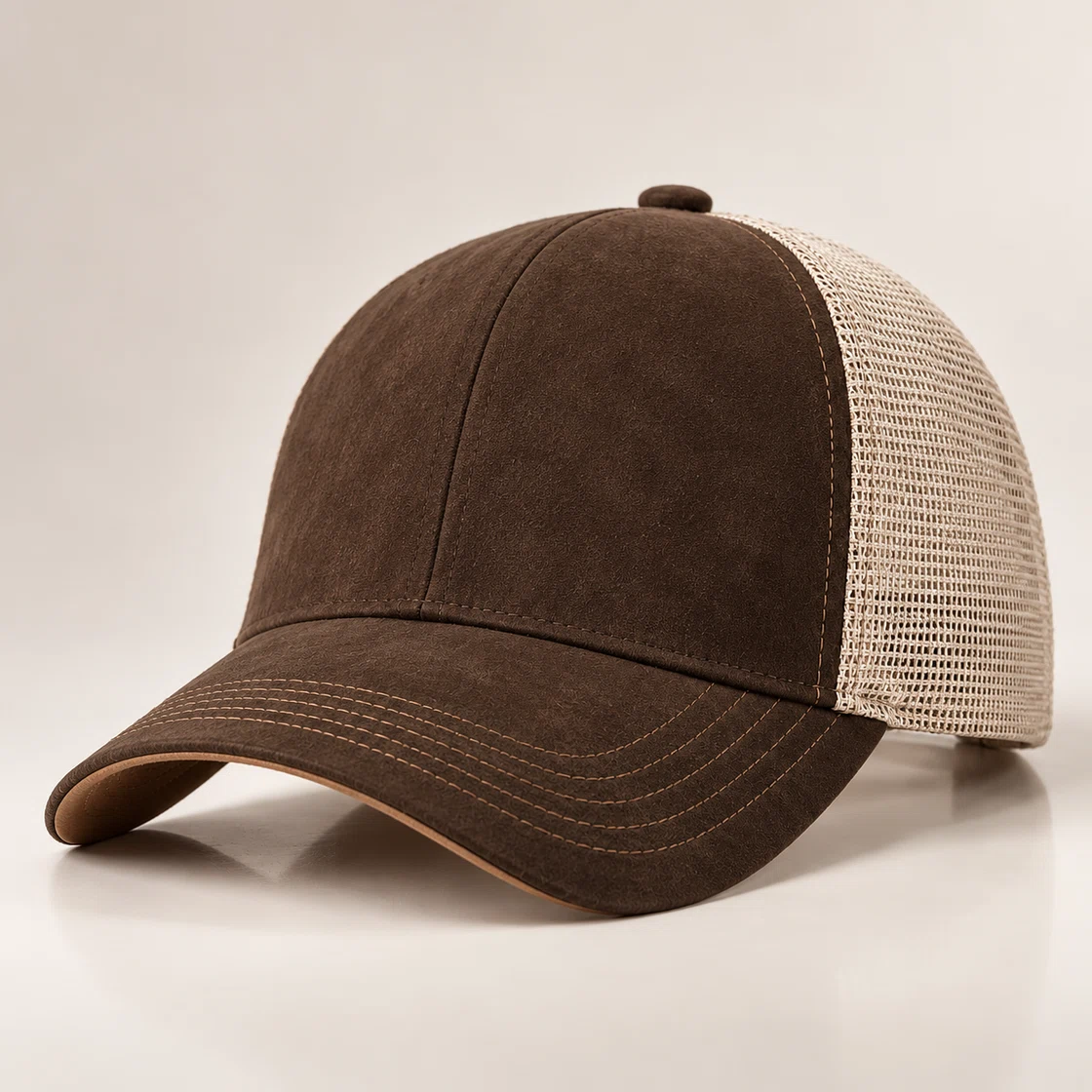 BUJE Minimalist Kahverengi Süet Dokulu Trucker Şapka; toptan üretim referans görseli