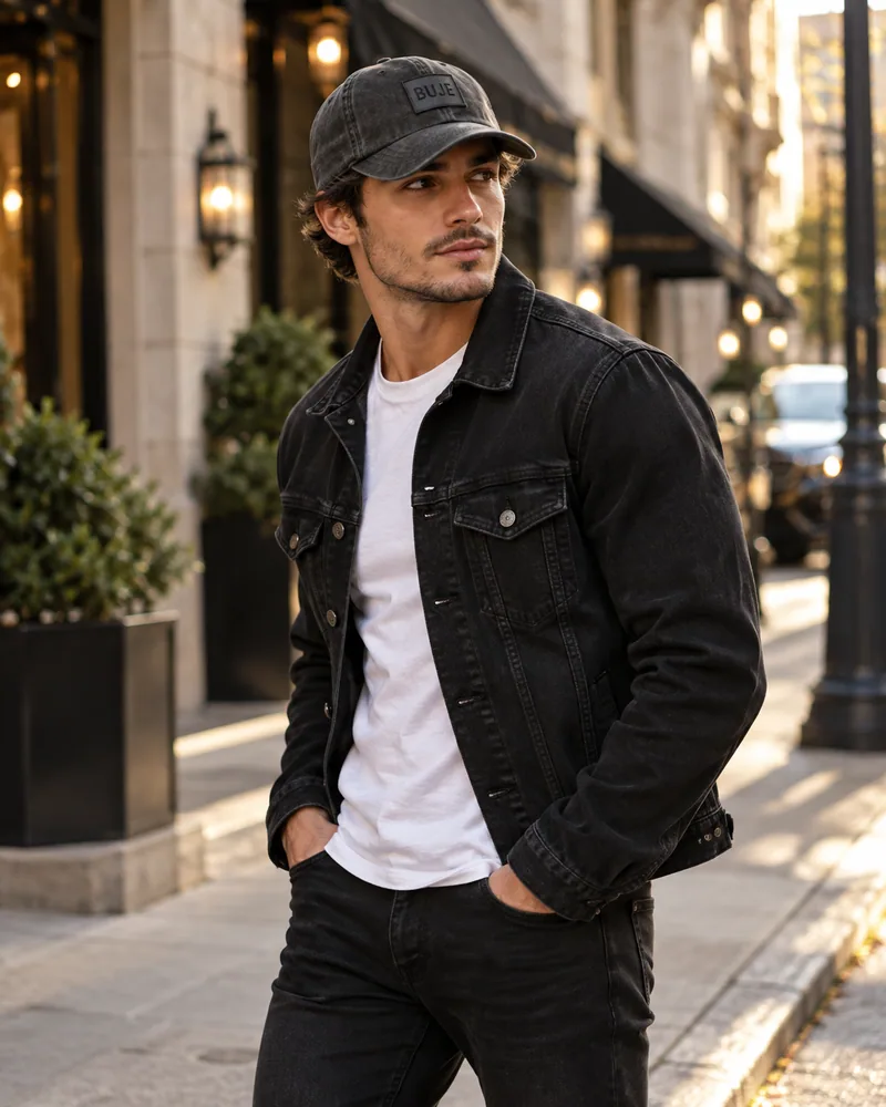 BUJE antrasit cap şapkalı erkek manken, denim stil