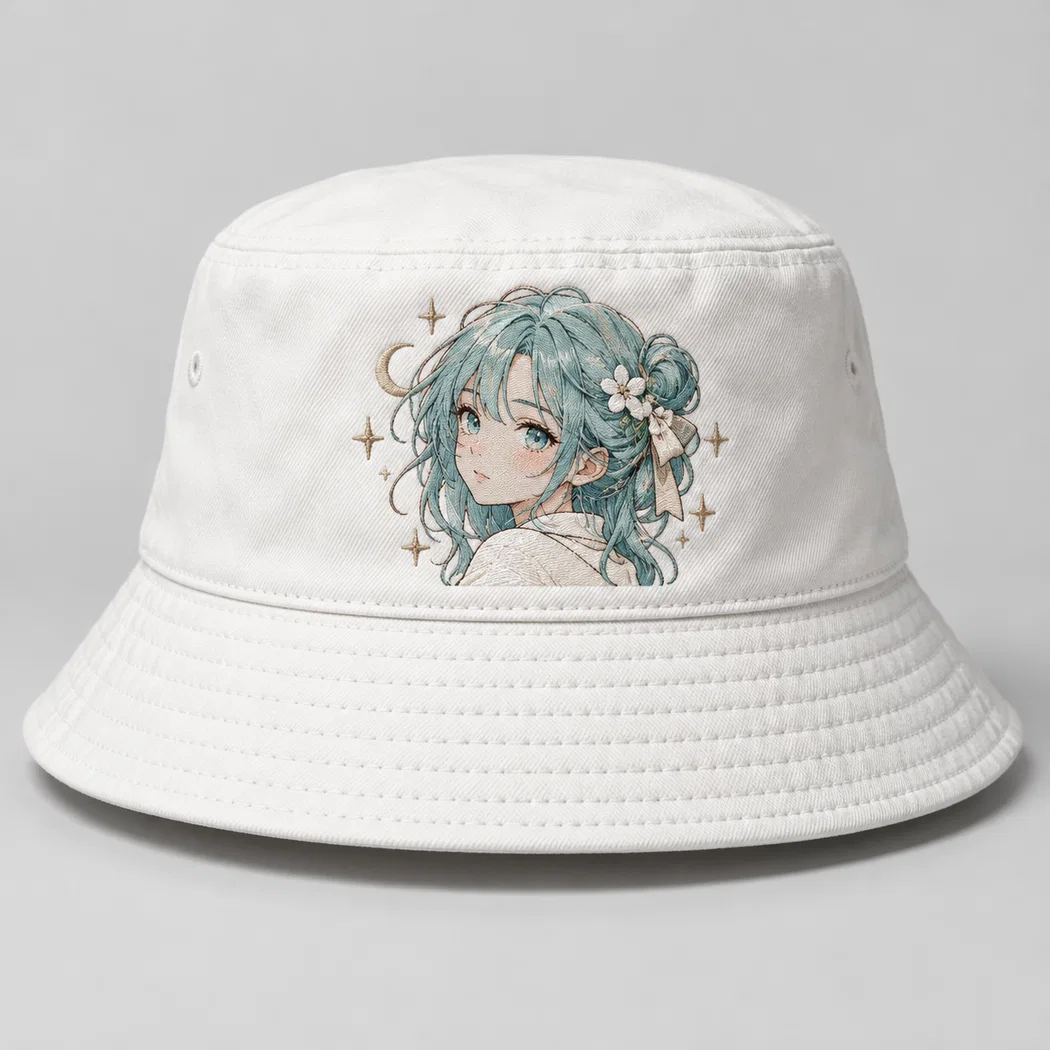 BUJE Beyaz Ay Işığı Anime Kız Nakışlı Bucket Şapka