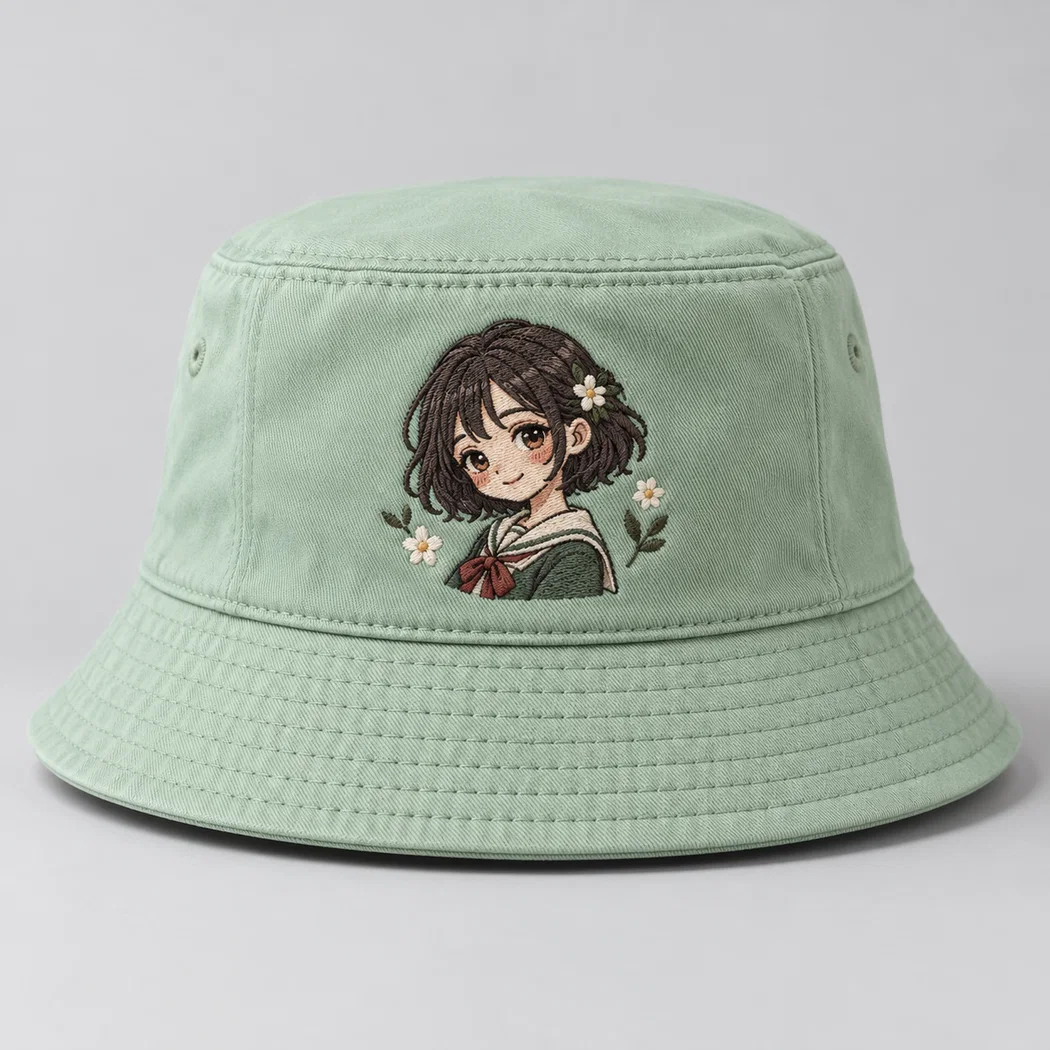 BUJE Mint Yeşili Chibi Kız Nakışlı Bucket Şapka