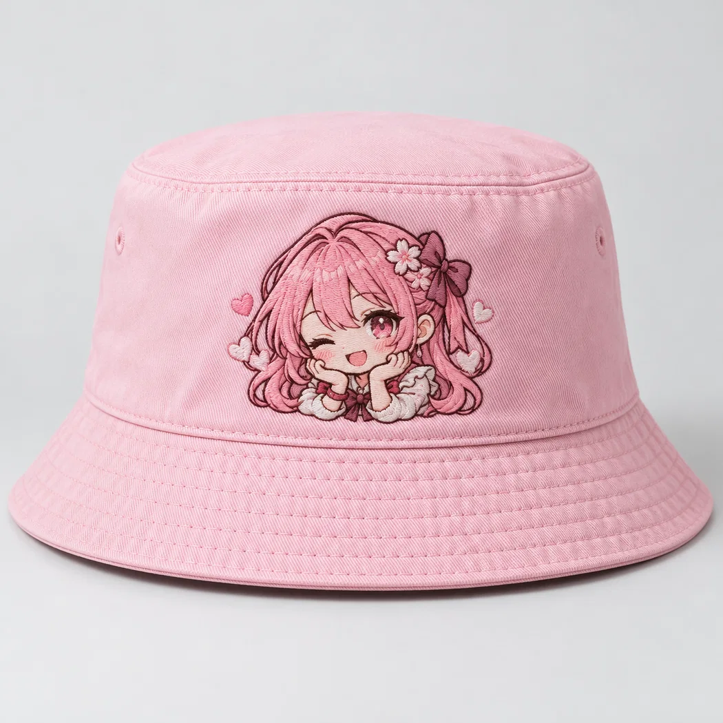 BUJE Pastel Pembe Anime Kız Nakışlı Bucket Şapka