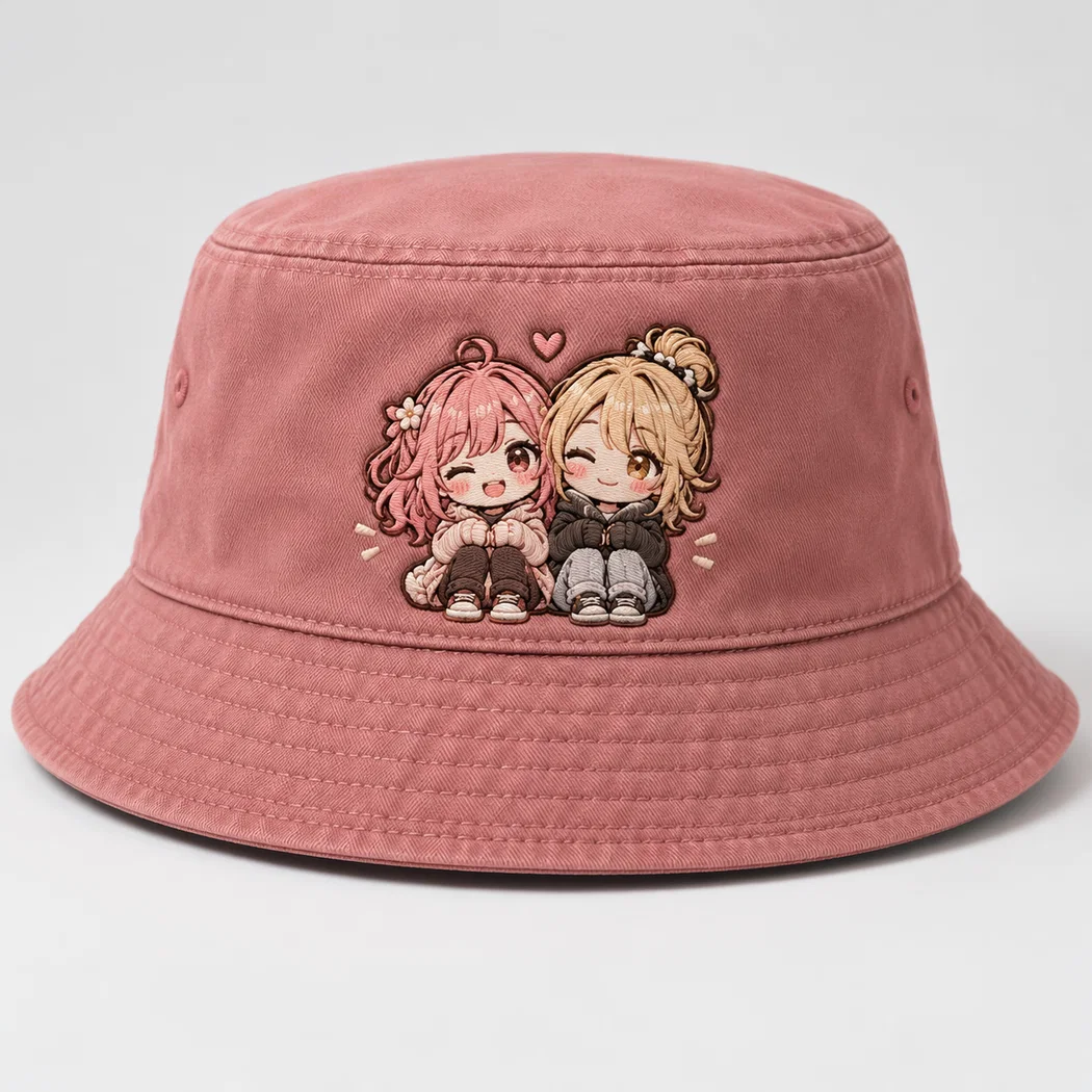 BUJE Pudra Pembe İki Anime Arkadaş Nakışlı Bucket Şapka